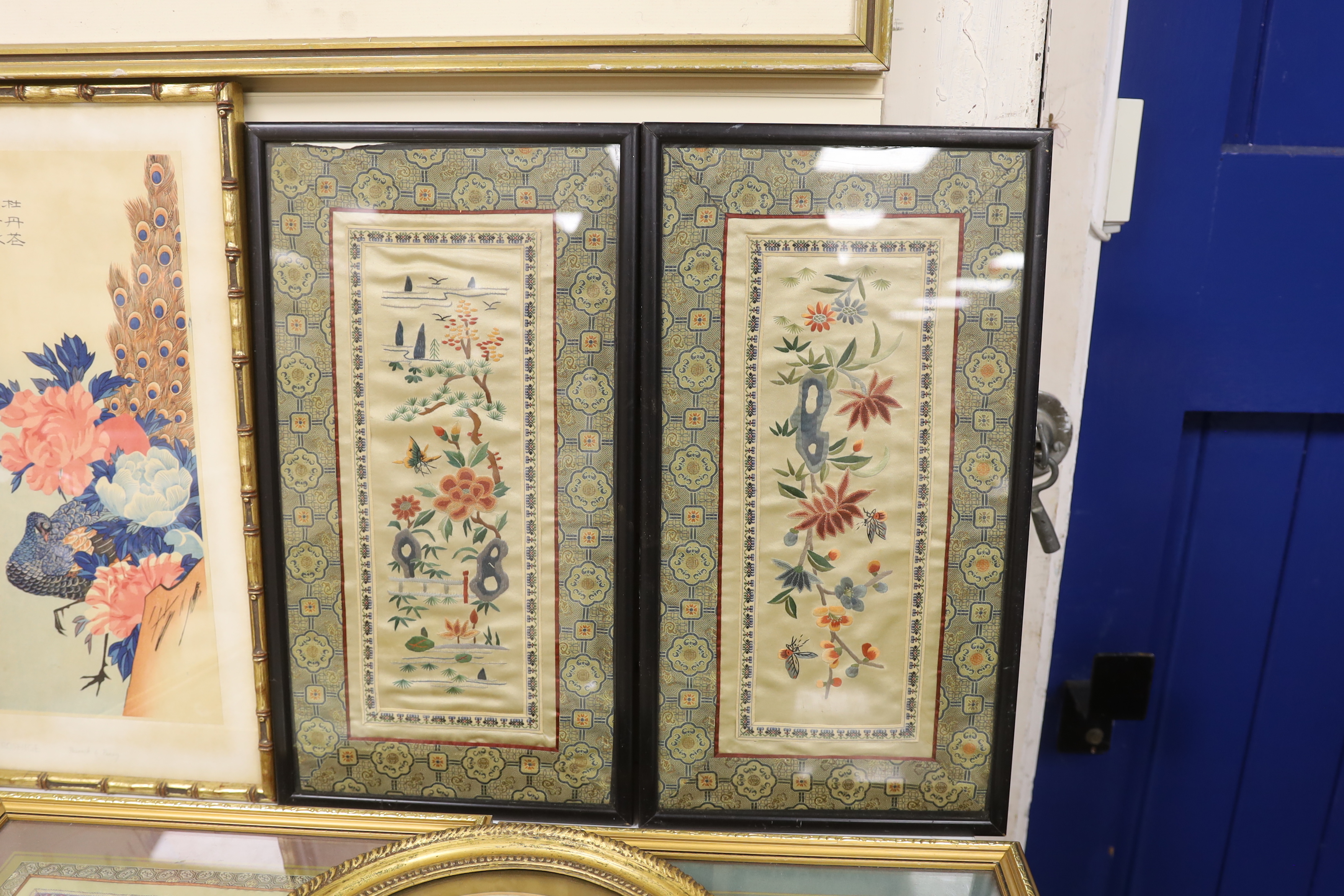 Two pairs of framed 20th century Chinese silk embroideries, two using Chinese knotting, a Hiroshima ‘Peacock and Peony’ print and a circular, figural landscape embroidery (6)